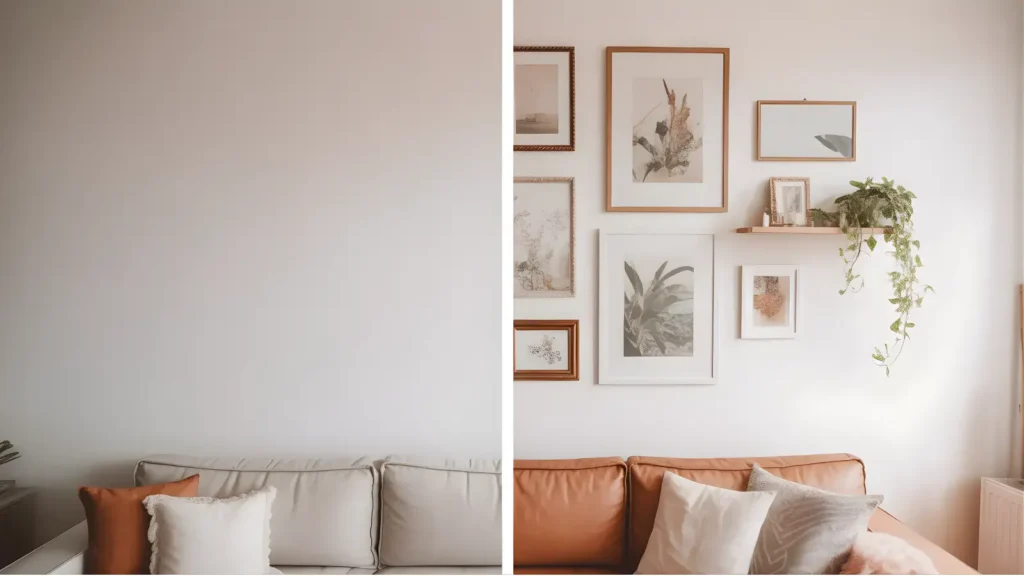 Wall Decor Ideas - A bright modern living room showing a blank white wall on one side and a beautifully styled gallery wall on the other, illustrating the transformative power of wall decor