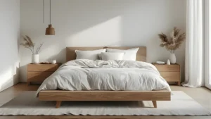 Modern minimalist bedroom with a low platform bed, white linen bedding, and warm wood nightstands.
