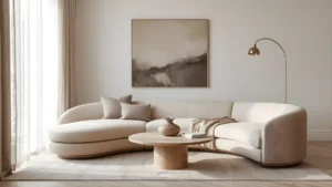 A modern minimalist feminine living room with a curved cream bouclé sofa, warm neutral tones, and curated decor