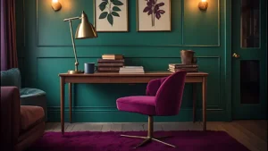 Moody jewel tone feminine home office with emerald accent wall, dark wood desk, brass lamp, plum velvet chair, and vintage botanical prints