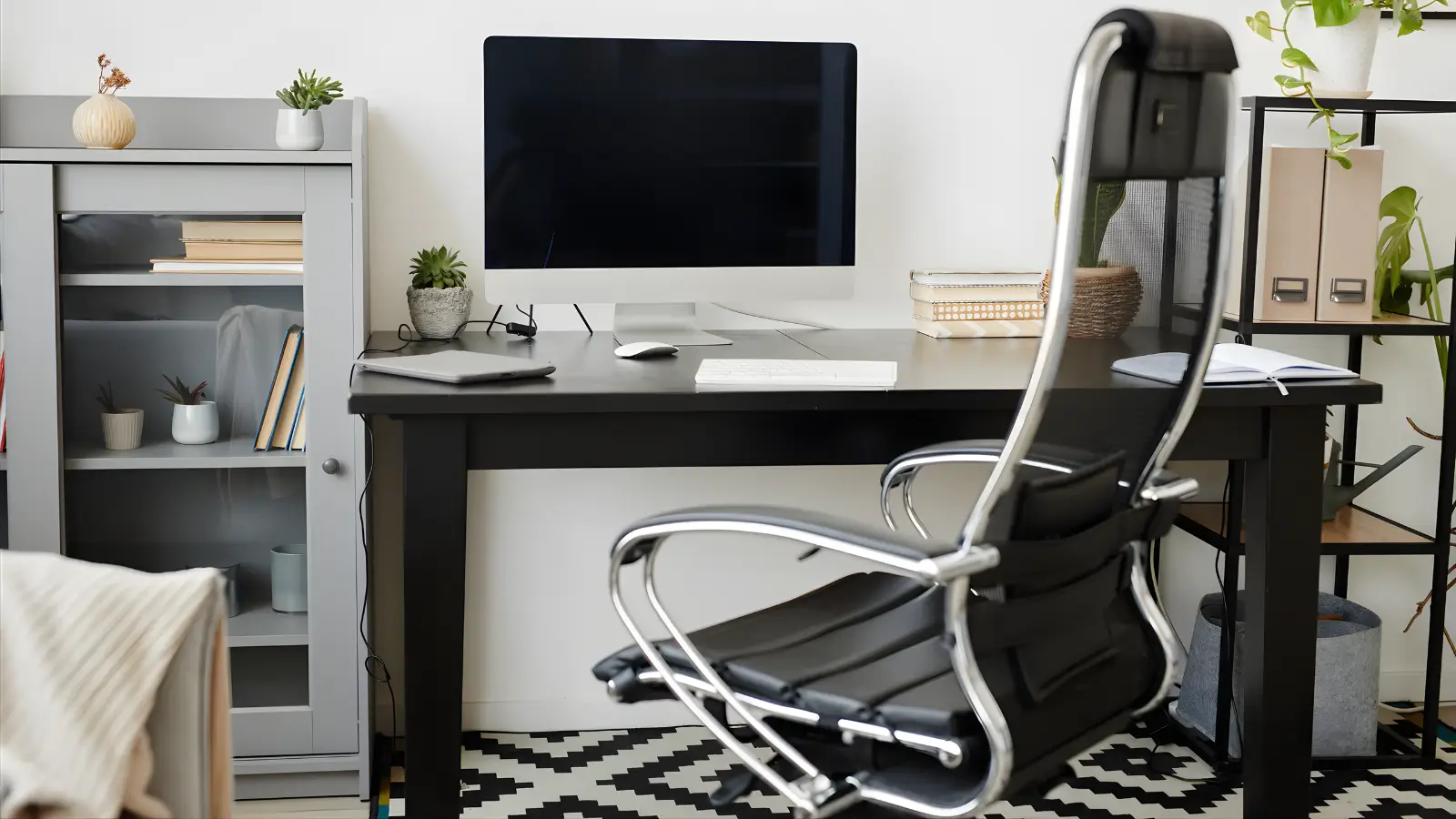 Office Chairs for Women - A feminine home office featuring an ergonomic chair adjusted for a woman's body with a soft, neutral palette.