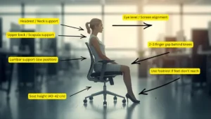 Diagram showing ideal seat height, seat depth and lumbar position for a petite woman seated in an office chair.