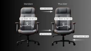 Diagram comparing standard and wider seat pans for plus-size women with labels for width, foam density, and base reinforcement.