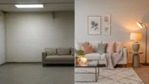 A side-by-side before and after showing a generic living room transformed into a feminine, styled space with affordable decor changes