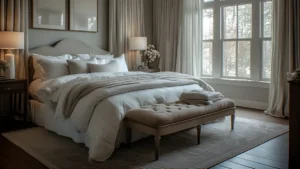 Refined bedroom retreat with luxurious white bedding, tailored floor-length curtains, and a plush upholstered bench.