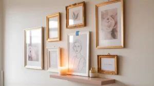 Renter-friendly gallery wall in a feminine studio apartment with gold frames, floral prints, and a small decorative mirror