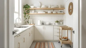 A bright small rental kitchen with open shelving styled with white dishware, a trailing plant, a rolling cart, and a striped runner rug on the floor.