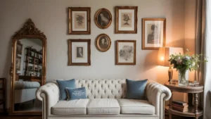 A modern minimalist feminine living room with a curved cream bouclé sofa, warm neutral tones, and curated decor