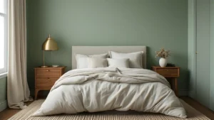 Bedroom with calming sage green walls, warm wood furniture, and cream linen bedding. 