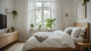 Minimalist Scandinavian small bedroom ideas for women with light wood and white bedding