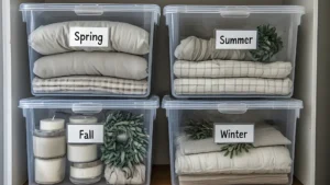 Four labeled clear storage bins for spring, summer, fall, and winter seasonal decor, neatly stacked on a closet shelf with cushion covers and candles visible inside.