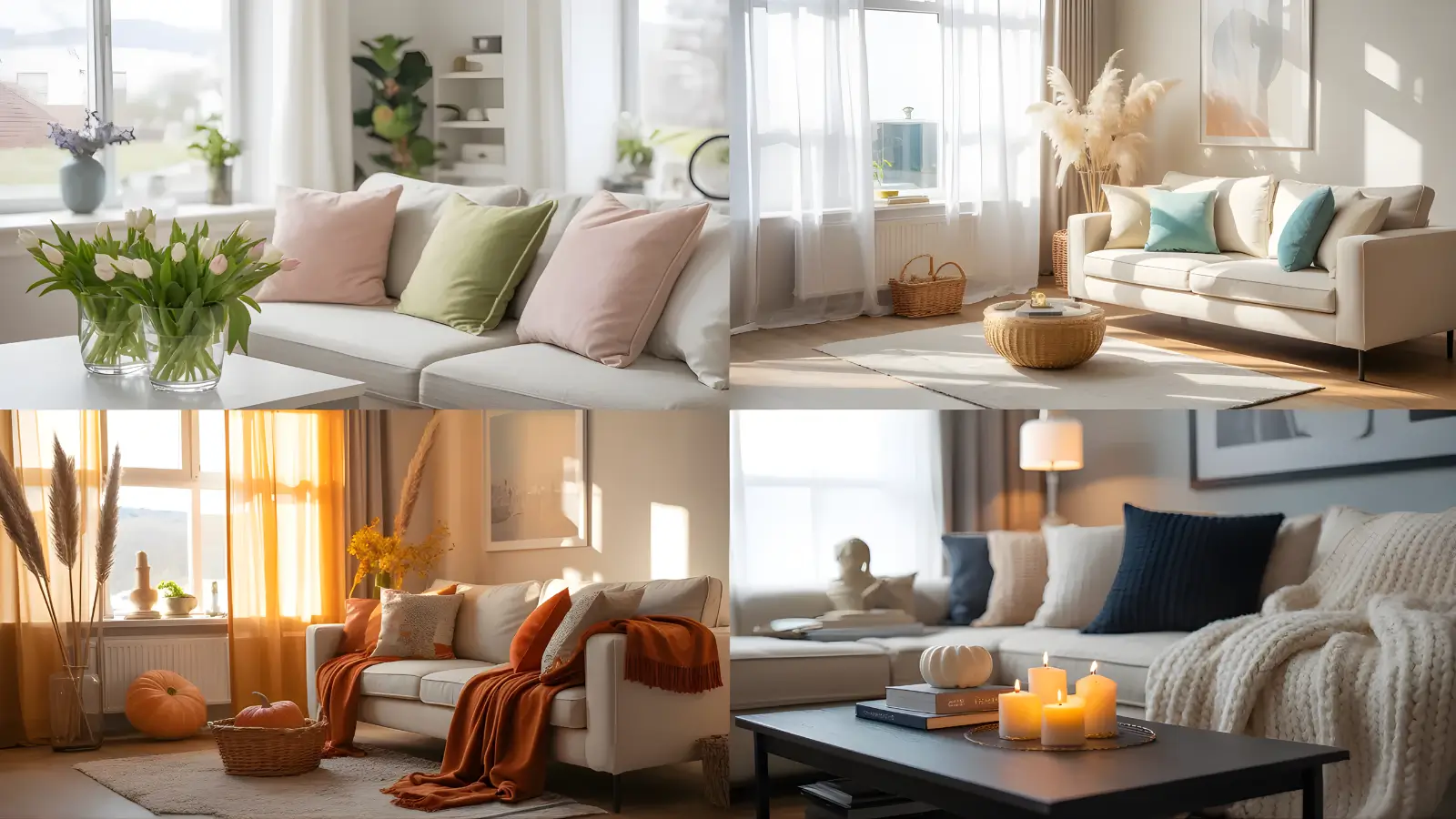 Seasonal Home Decor Ideas Concept – Four-panel overview of a neutral living room styled for spring, summer, fall, and winter, featuring seasonal textiles, plants, and accent colors.