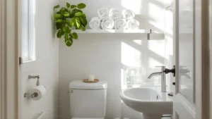 A small apartment bathroom styled with floating shelves, rolled white towels, a candle, a pothos plant, and clear acrylic organizers on the counter.