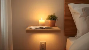 A small apartment bedroom with a floating shelf used as a nightstand beside a neatly made bed, holding a candle, a small plant, and a book.
