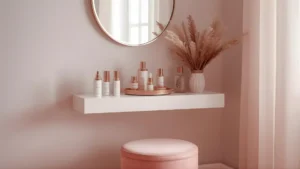 A small bedroom corner styled as a feminine vanity with a floating shelf, round mirror, skincare products on a tray, and a velvet stool.