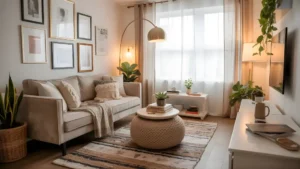 A beautifully styled small apartment with a cozy living room, gallery wall, layered textiles, plants, and warm lighting, showing the finished result of small apartment decorating ideas for women. 