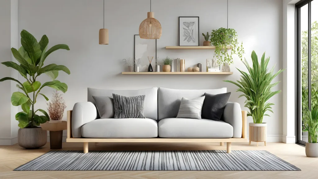 Small Apartment Decor Ideas for Women - Small apartment living room decorated for women with a neutral sofa, layered rugs, a gallery wall, and a bar cart in the corner.
