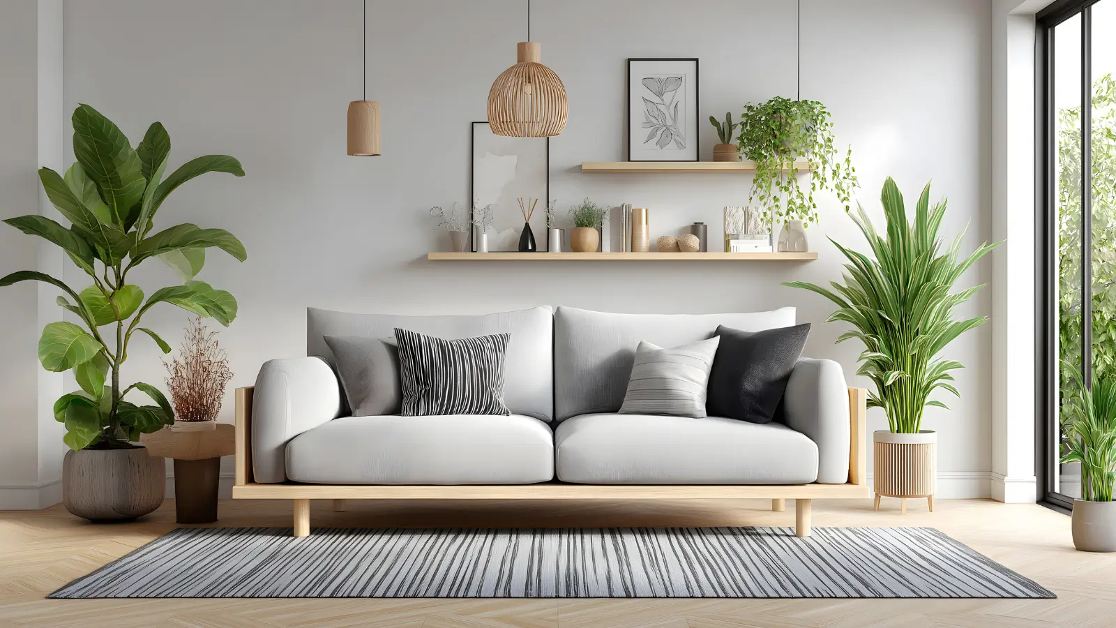 Small Apartment Decor Ideas for Women - Small apartment living room decorated for women with a neutral sofa, layered rugs, a gallery wall, and a bar cart in the corner.
