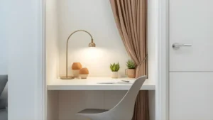 A small apartment corner styled as a home office nook with a floating desk, arched desk lamp, ceramic organizers, and a small plant, with a curtain partially separating it from the living area.