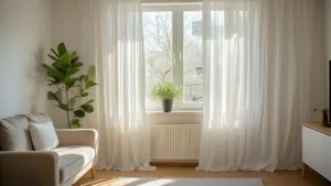 A small apartment living room with sheer white curtains hung from ceiling height, framing a window and making the space feel taller and brighter.