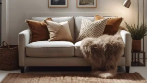 A cozy, small apartment living room with a neutral sofa layered with velvet and knit throw pillows, a faux-fur blanket, and a woven basket beside a floor lamp.