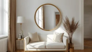 A small apartment living room with a large round gold-framed mirror above a compact sofa, reflecting natural light from a nearby window. 