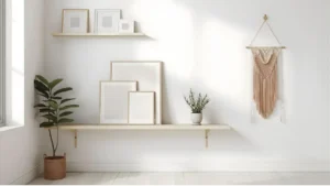 A small studio apartment wall with leaning art on a narrow console table, a floating picture ledge with layered frames, and a vertical macramé hanging showing renter-friendly wall decor techniques