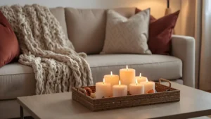 A cozy small apartment living room styled for fall with a chunky knit throw, deep-toned pillows, clustered candles on a tray, and warm ambient lighting. 