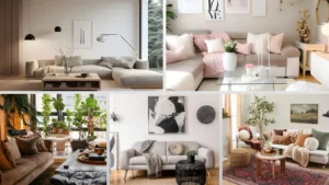 A Pinterest-style mood board showing five small apartment decor aesthetics — minimalist, feminine, boho, Scandinavian, and glam — with swatches, furniture, and accessories for each.