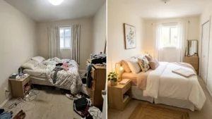 Before and after small bedroom makeover for women showing cluttered space turned into a styled, organized room