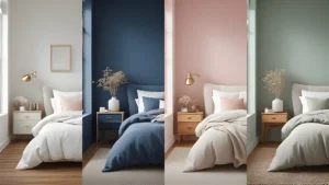Color comparison of a small women's bedroom in white, blush pink, navy blue, and sage green 
