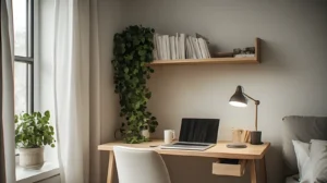 Aesthetic Home Office Ideas: The Complete 2026 Style Guide for a Beautiful, Productive Workspace 10 Small aesthetic home office in a bedroom corner with a narrow wall-mounted desk, floating shelves, a trailing pothos plant, and a compact upholstered chair