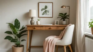 Cozy Home Office Ideas: The Complete Guide to a Warm, Productive Workspace 10 A small bedroom corner cozy home office setup with a compact wooden desk against a cream wall, a soft pink throw over a white upholstered chair, a small desk lamp with a linen shade, a framed art print, and a potted peace lily on the floor, with a round jute rug defining the workspace area.