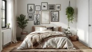 Decorated small bedroom ideas for women with gallery wall and layered textiles