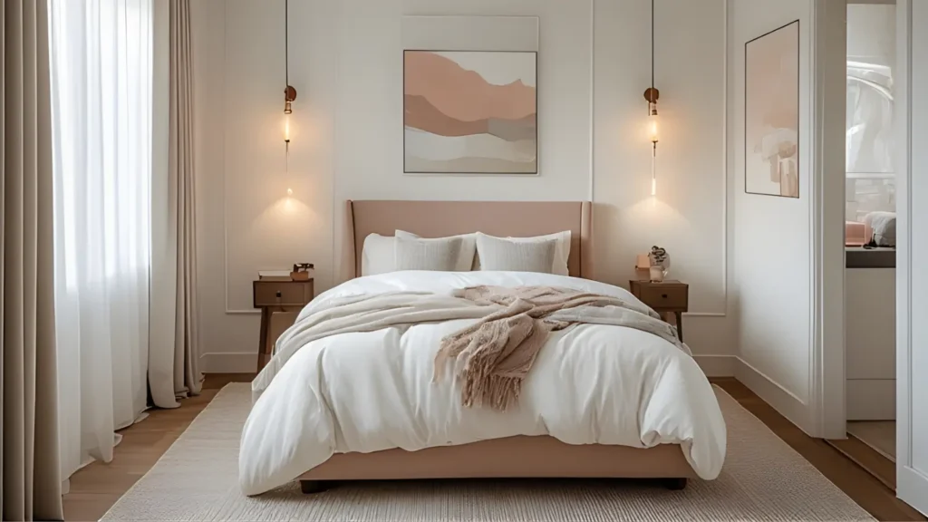 Small feminine bedroom with soft neutral bedding and wall sconces