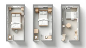 Small bedroom layout floor plans showing optimal bed placement for 8×10, 10×10, and 10×12 rooms