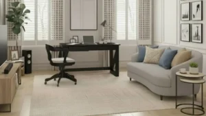 A budget home office nook in a small living room with a slim wall-mounted desk behind a sofa, a simple chair, a plant used as a divider, and neat cable management