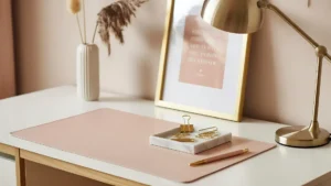 A soft,t feminine desk setup for women with blush-pink accessories, a gold desk lamp, a marble tray, and dried flowers in a bright room