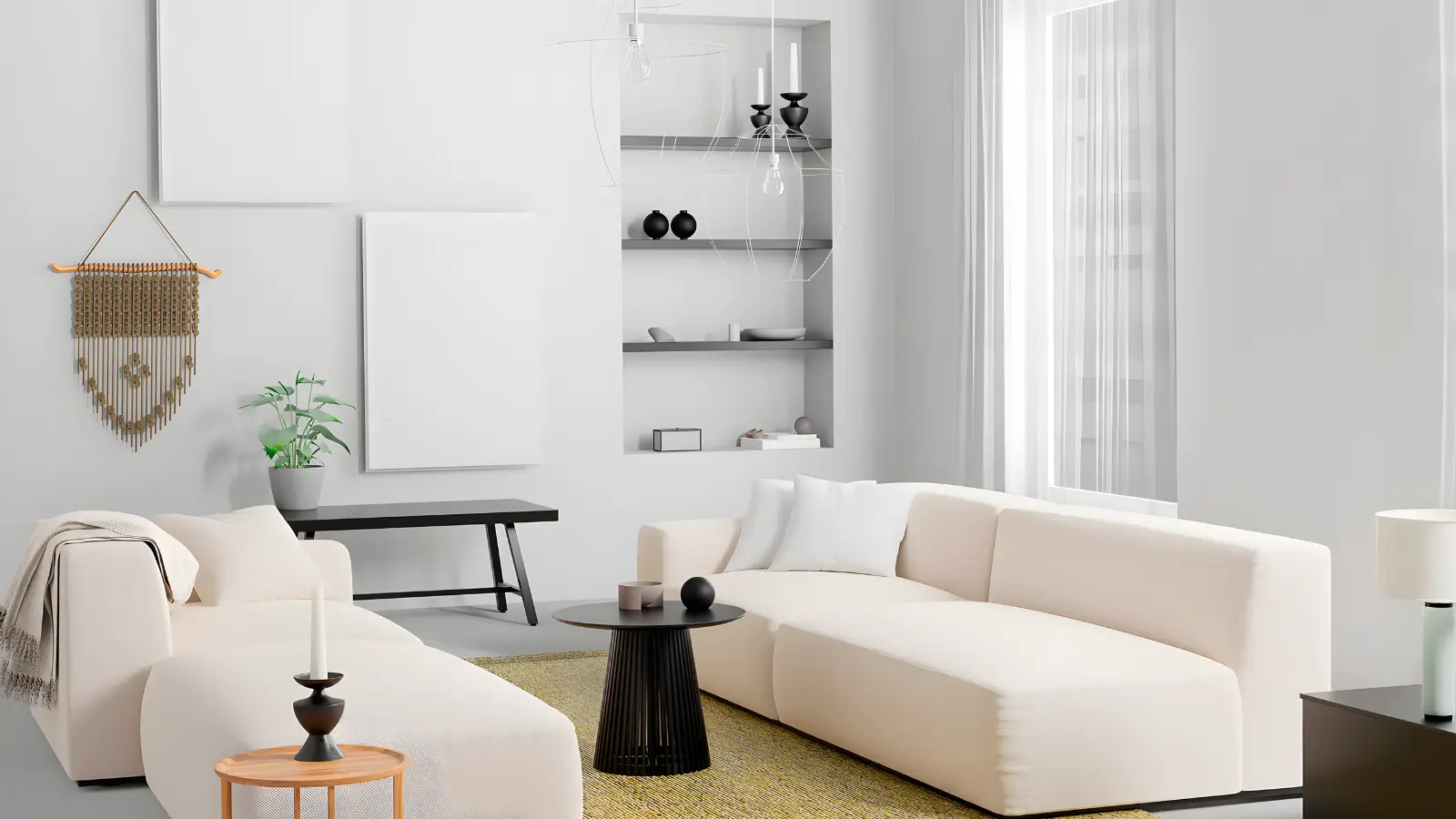 Space‑Saving Furniture Ideas - A bright, compact apartment living room showing a modular sofa, nesting tables, and wall-mounted shelves demonstrating space-saving furniture principles.