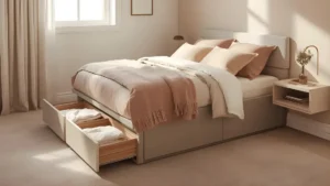 Space‑Saving Furniture Ideas for Small Homes and Apartments (2026 Guide) 5 Space-saving furniture ideas in a small bedroom: a storage bed frame with pull-out drawers in a well-organized space.