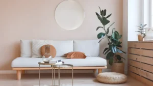 Clean girl aesthetic studio apartment with neutral tones, minimal furniture, and a spa-like vibe