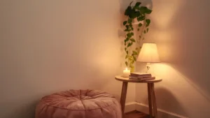 Cozy reading nook joy corner in a studio apartment with a floor cushion, small lamp, plants, and stacked books