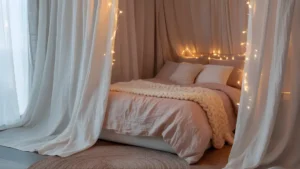 Studio apartment bedroom zone separated by sheer curtains with layered bedding and warm string lights