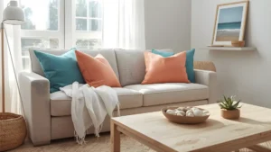 A bright summer living room with turquoise and coral cushions, a wicker basket, sheer white curtains, and a bowl of seashells on a light wood coffee table.