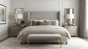 Bedroom featuring an upholstered linen headboard, proportional nightstands, and a bench at the foot of the bed.