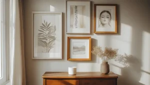 A charming budget-friendly wall arrangement featuring printable digital art in mismatched thrifted frames painted white and gold above a small wooden console table