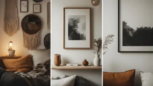 Three side-by-side styled wall vignettes showing boho, Japandi, and modern minimalist wall decor approaches with different art and frame styles