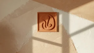 A living room wall with hand-applied plaster texture and a sculptural 3D relief art piece in warm earthy tones, illustrating the tactile wall decor trend of 2026