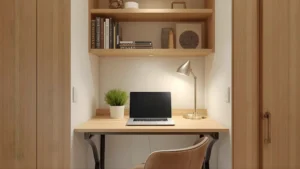 Space‑Saving Furniture Ideas for Small Homes and Apartments (2026 Guide) 6 A wall-mounted fold-down desk in a small apartment, open and set up with a laptop and lamp, demonstrating a renter-friendly home office solution.