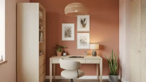 Cozy Home Office Ideas: The Complete Guide to a Warm, Productive Workspace 8 A cozy home office featuring a warm terracotta accent wall behind a light wood desk, with a woven rattan pendant lamp overhead, a cream bouclé desk chair, framed botanical prints in a small gallery arrangement, and a potted snake plant on the floor beside the desk.
